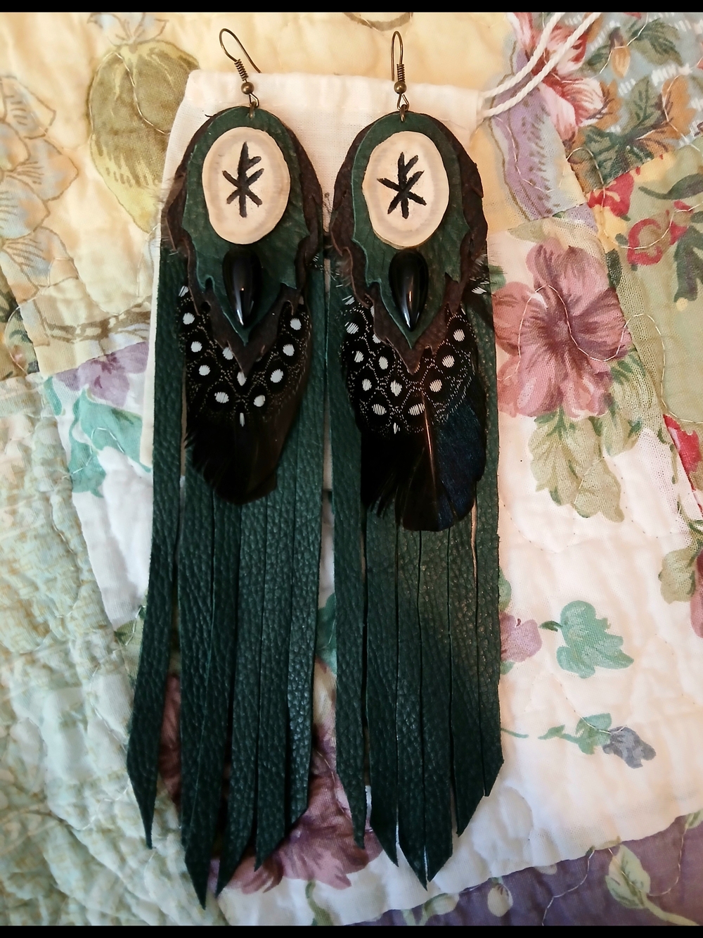 Handmade Forest Green Leather Fringe Feather Earrings -ooak - Witchy / Pagan